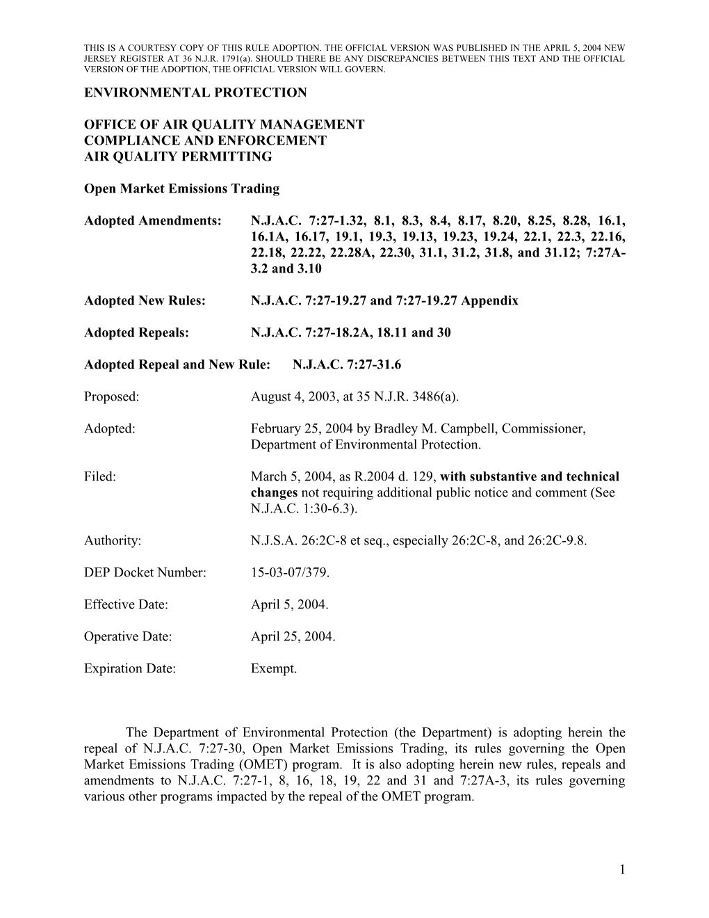 OMET Repeal Adoption - Courtesy Distribution Copy