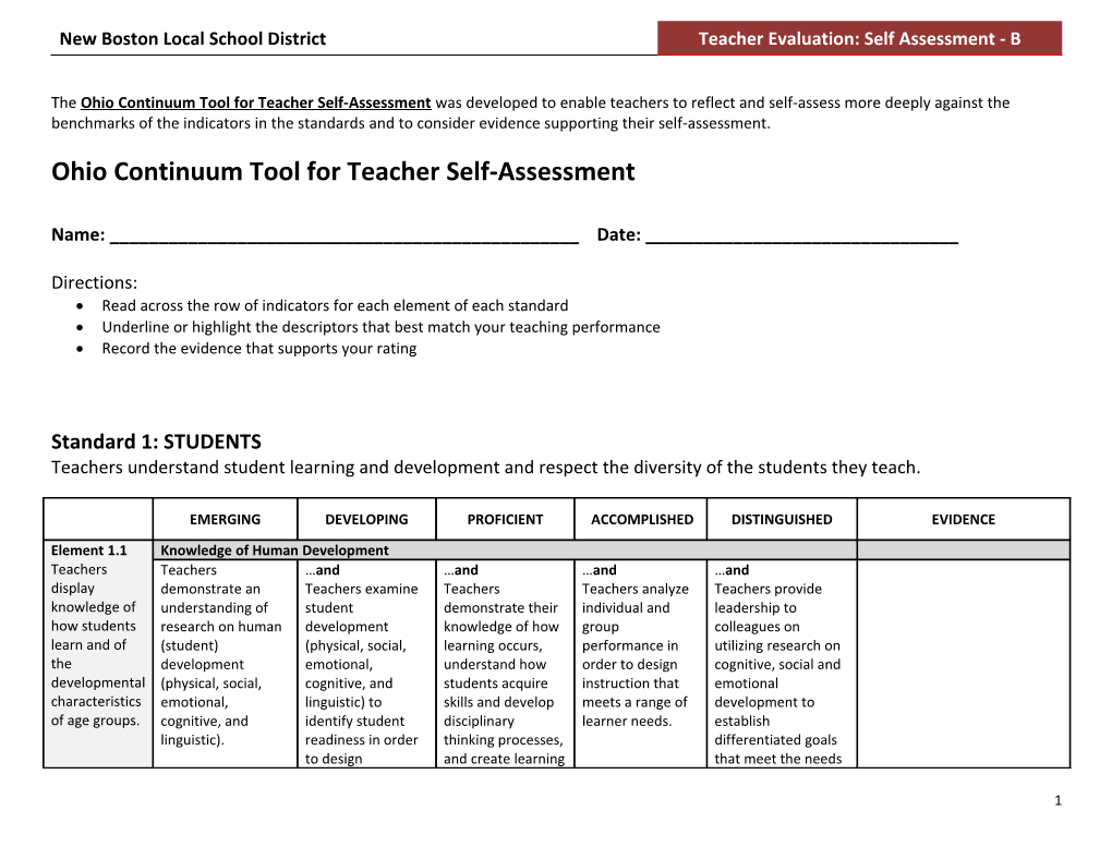 Ohio Continuum Tool for Teacher Self-Assessment