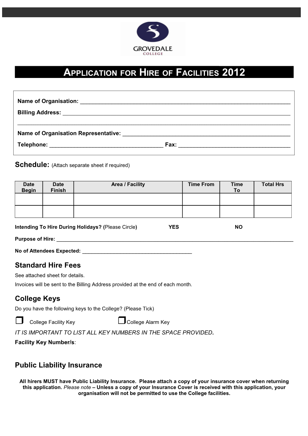Application for Hire of Facilities