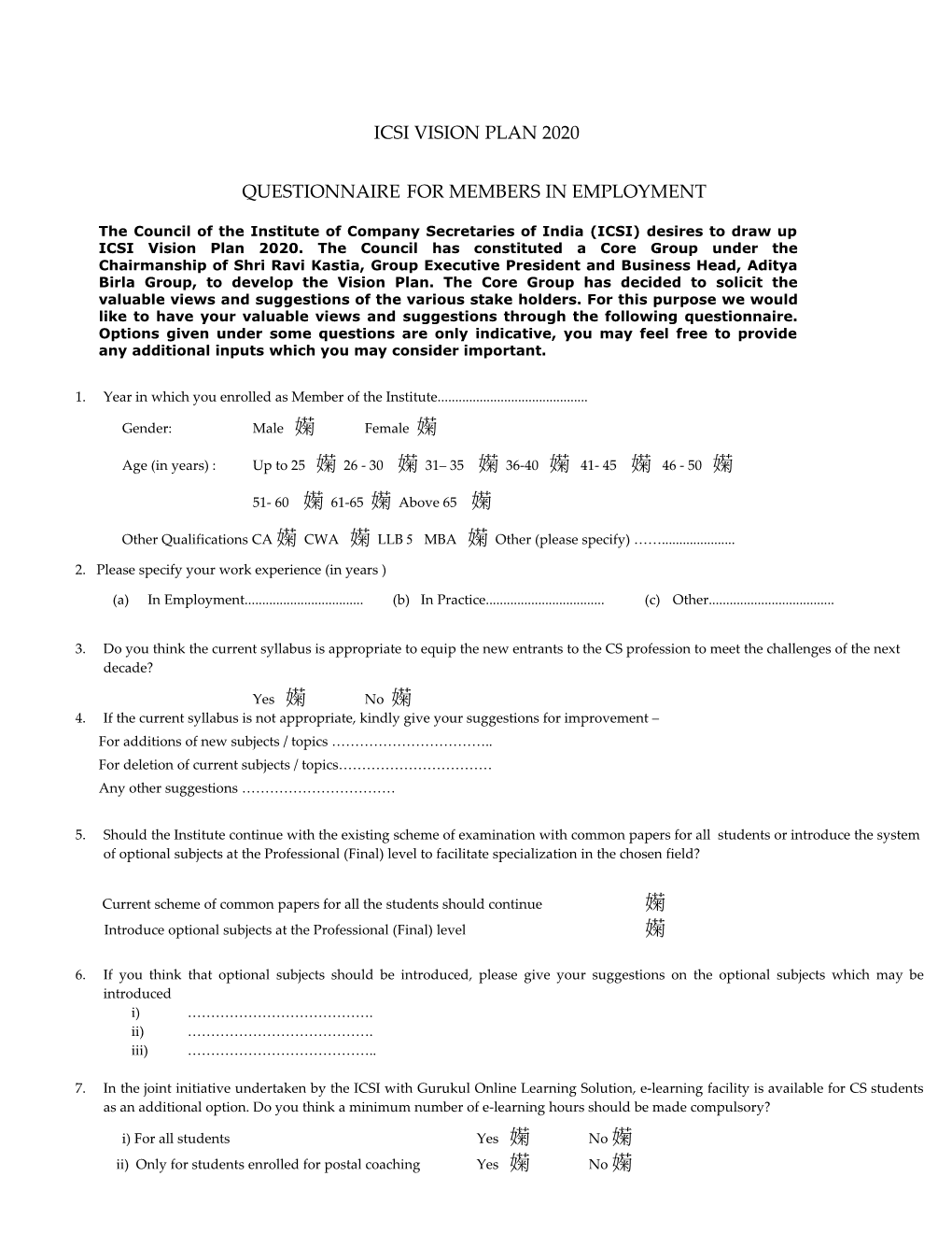 Questionnaire on ICSI Vision Plan 2020