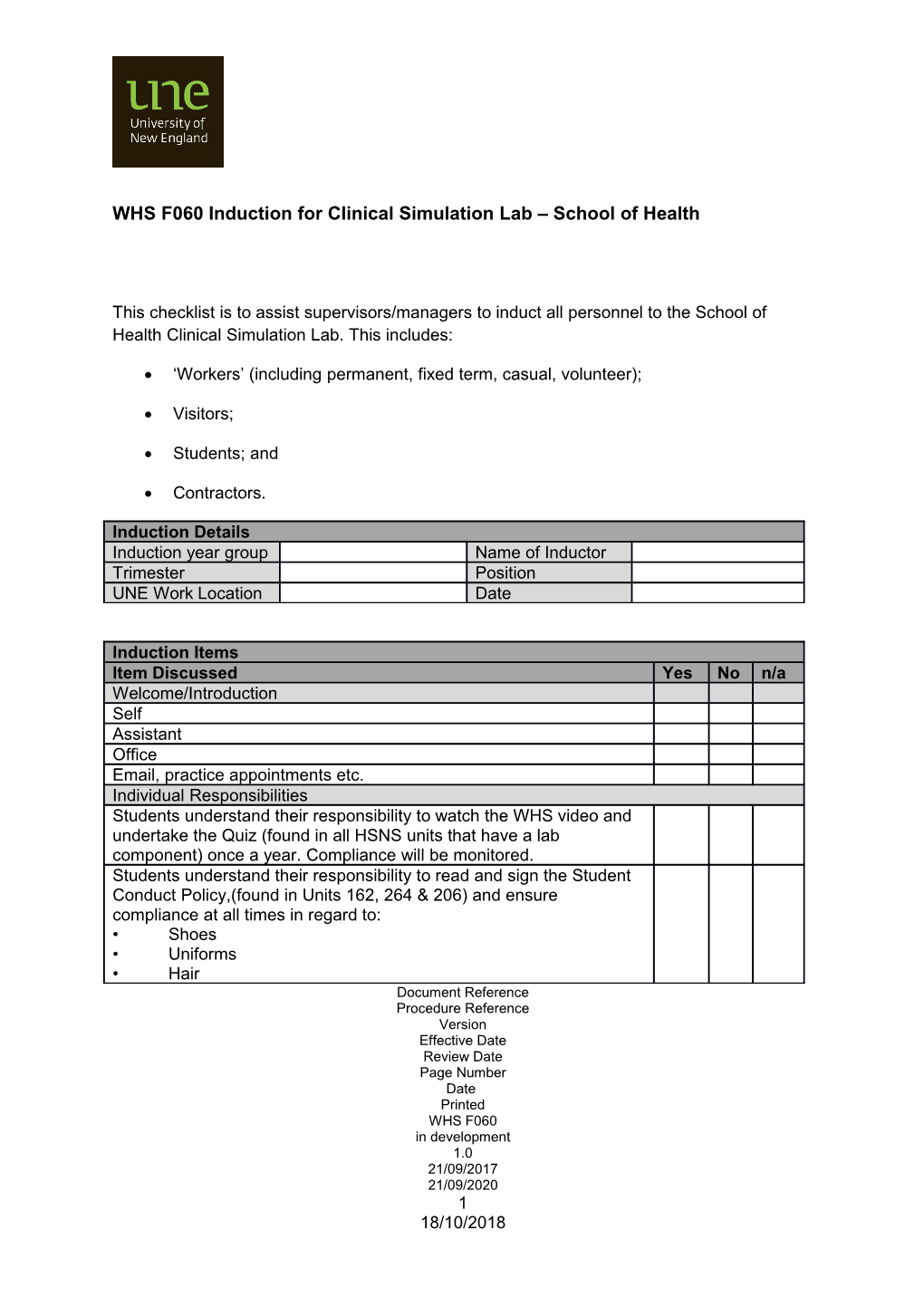 This Checklist Is to Assist Supervisors/Managers to Induct All Personnel to the School