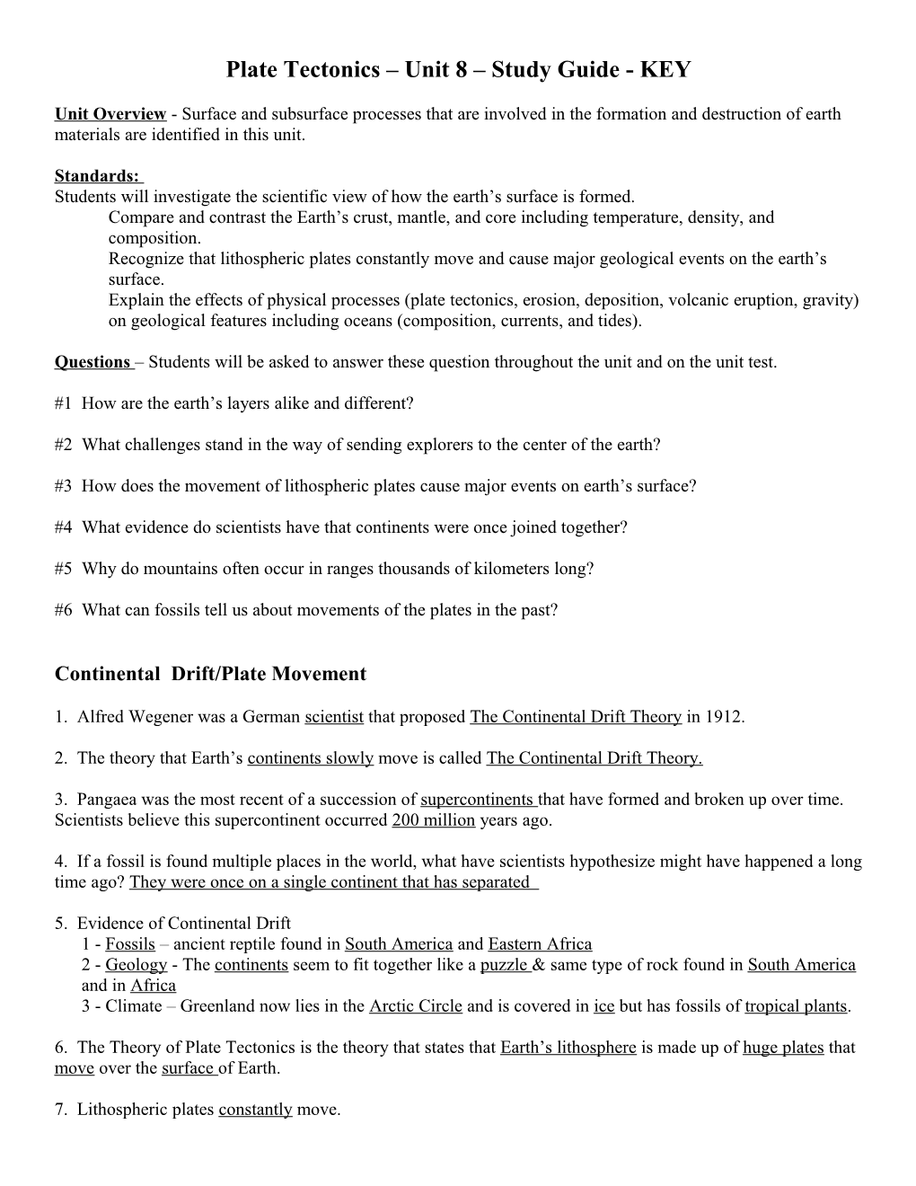 Plate Tectonics Unit 8 Study Guide - KEY