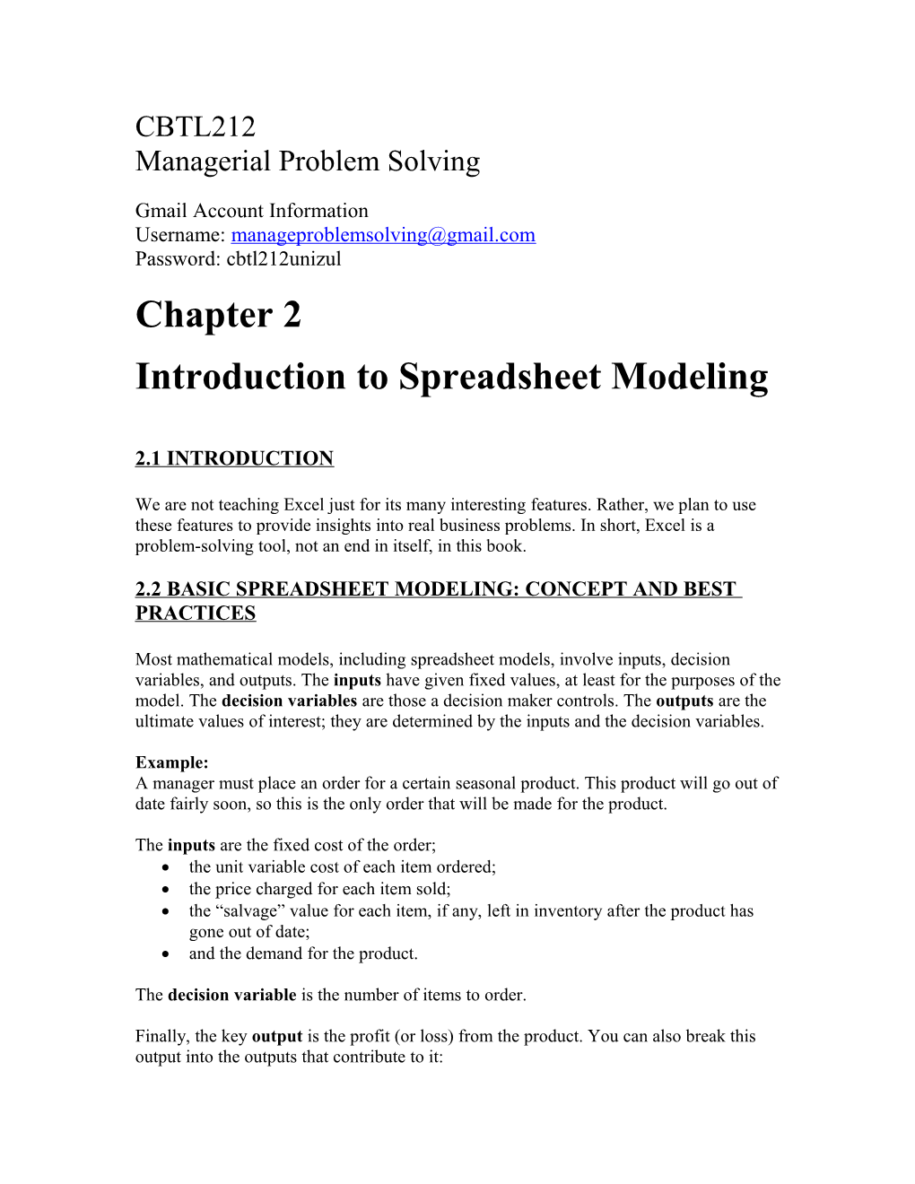 2.2 Basic Spreadsheet Modeling: Concept and Best Practices