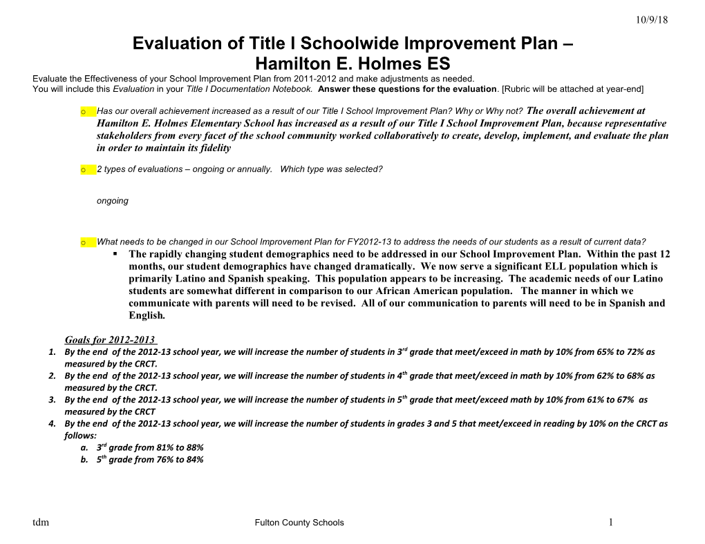 Evaluation of Title I Schoolwide Improvement Plan