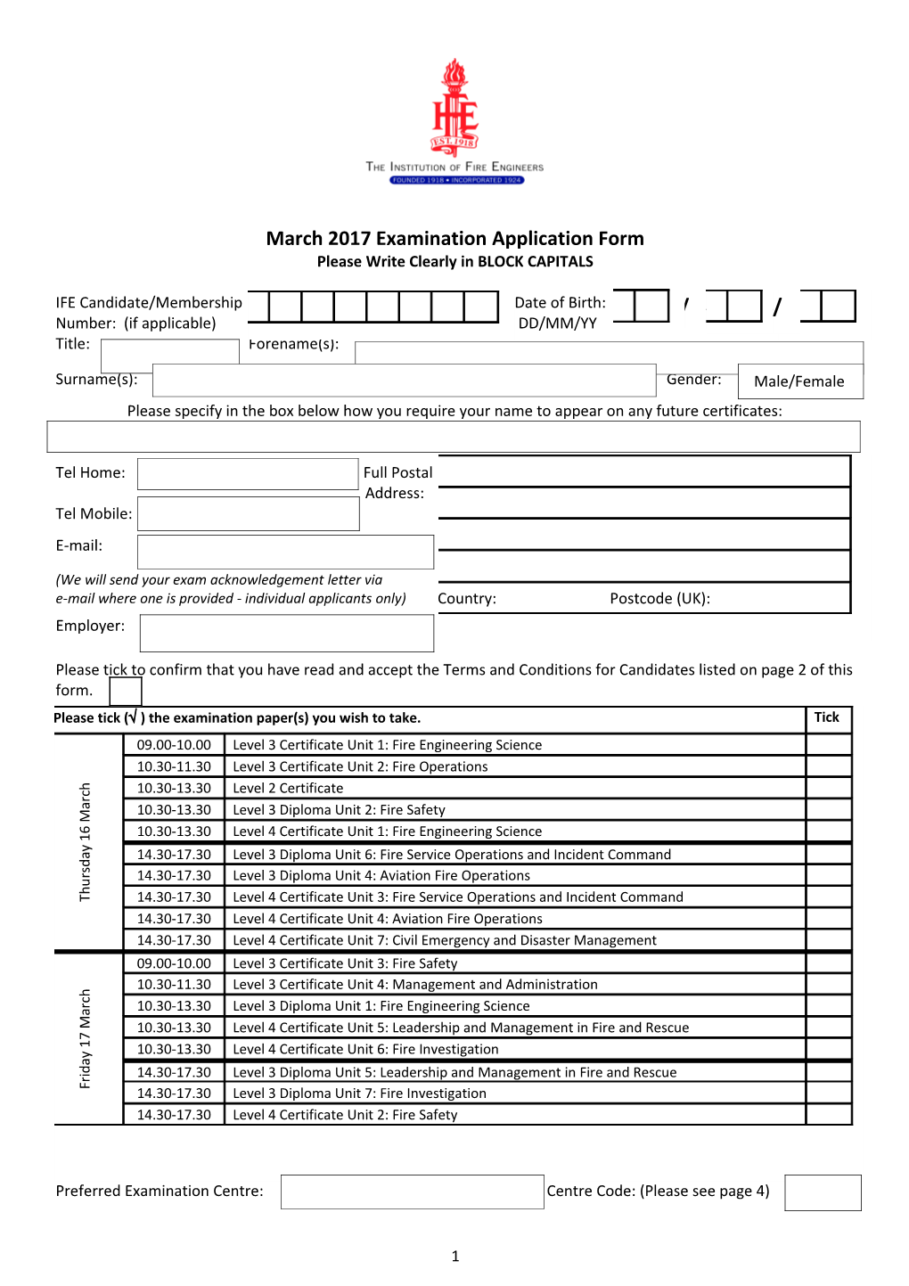 March 2017 Examination Application Form