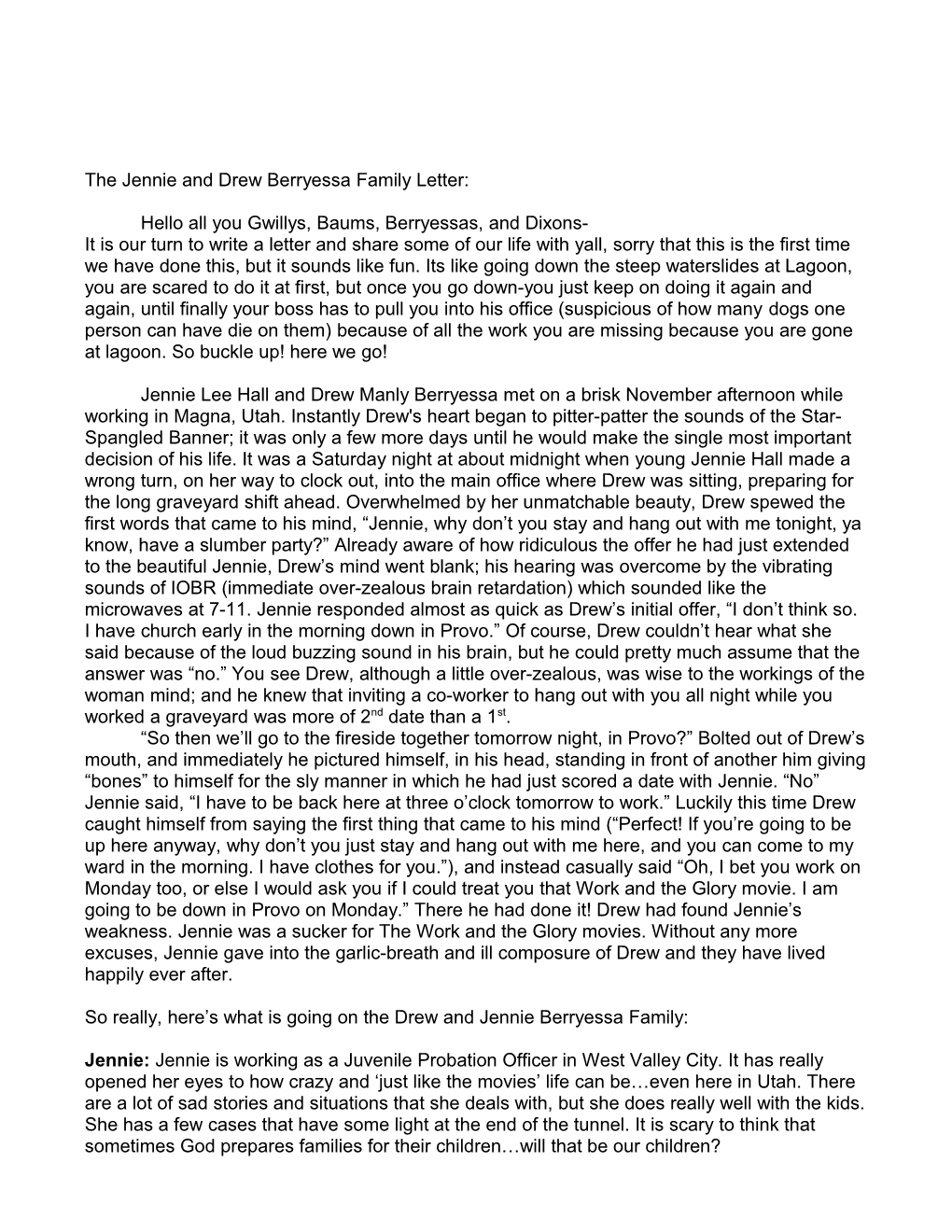 The Jennie and Drew Berryessa Family Letter