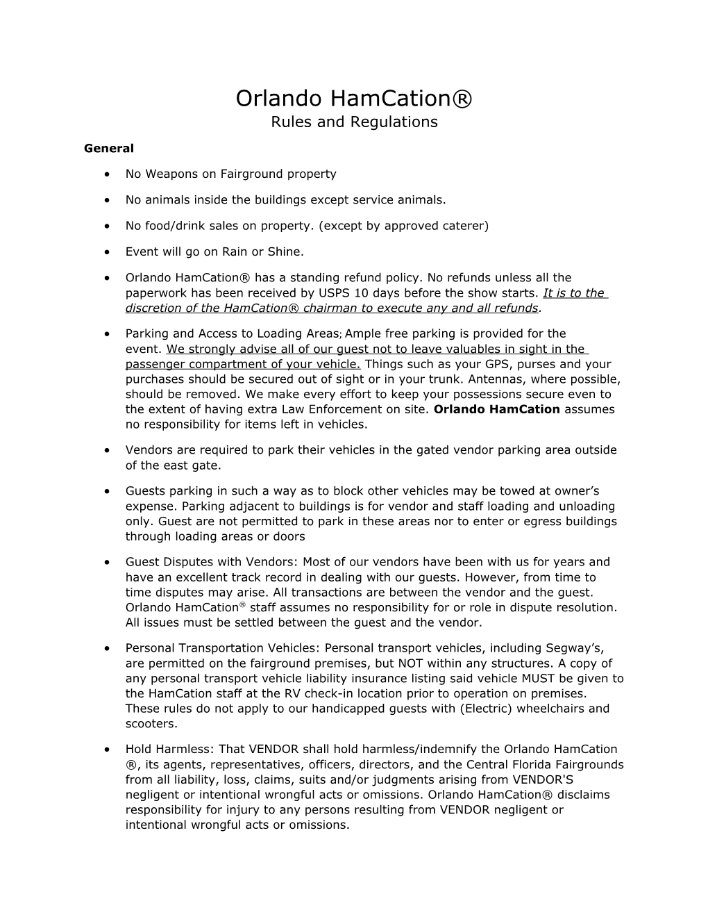 Orlando Hamcation Rules and Regulations