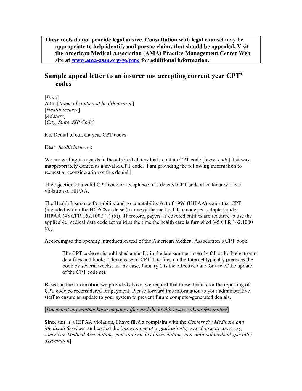 Sample Appeal Letter Regarding Insurers Not Accepting New CPT Code Sets