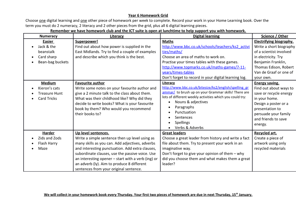 Year 6 Homework Grid