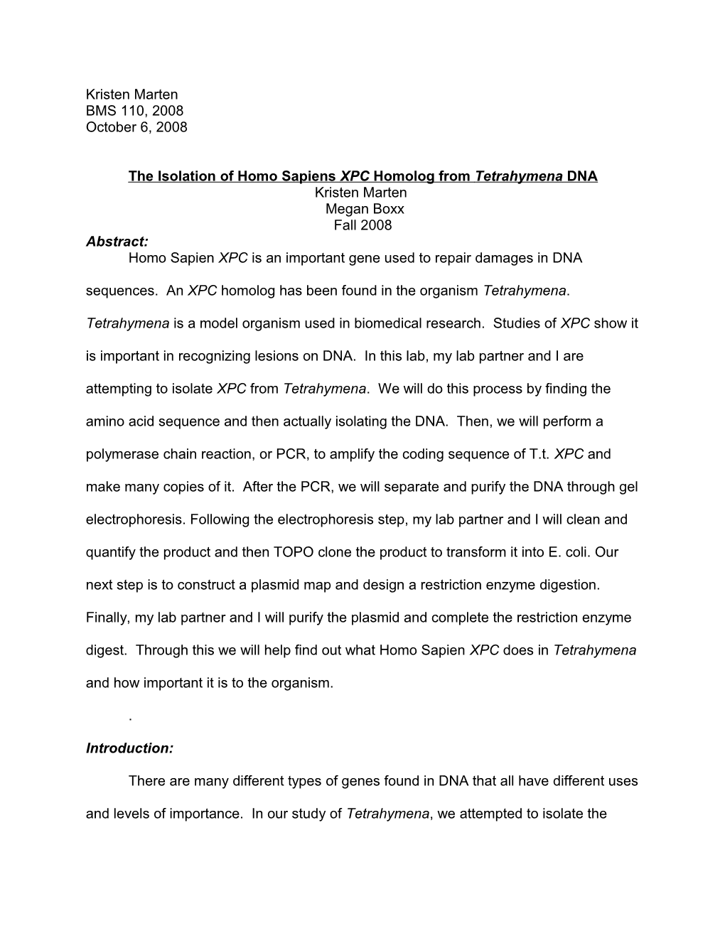 The Isolation of Homosapiensxpc Homolog Fromtetrahymena DNA