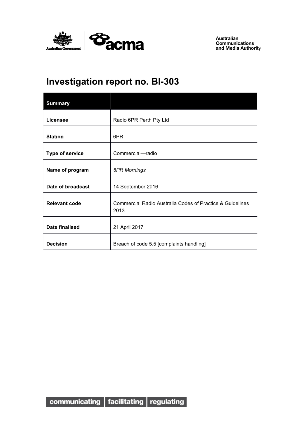 Investigation Report No. BI-303