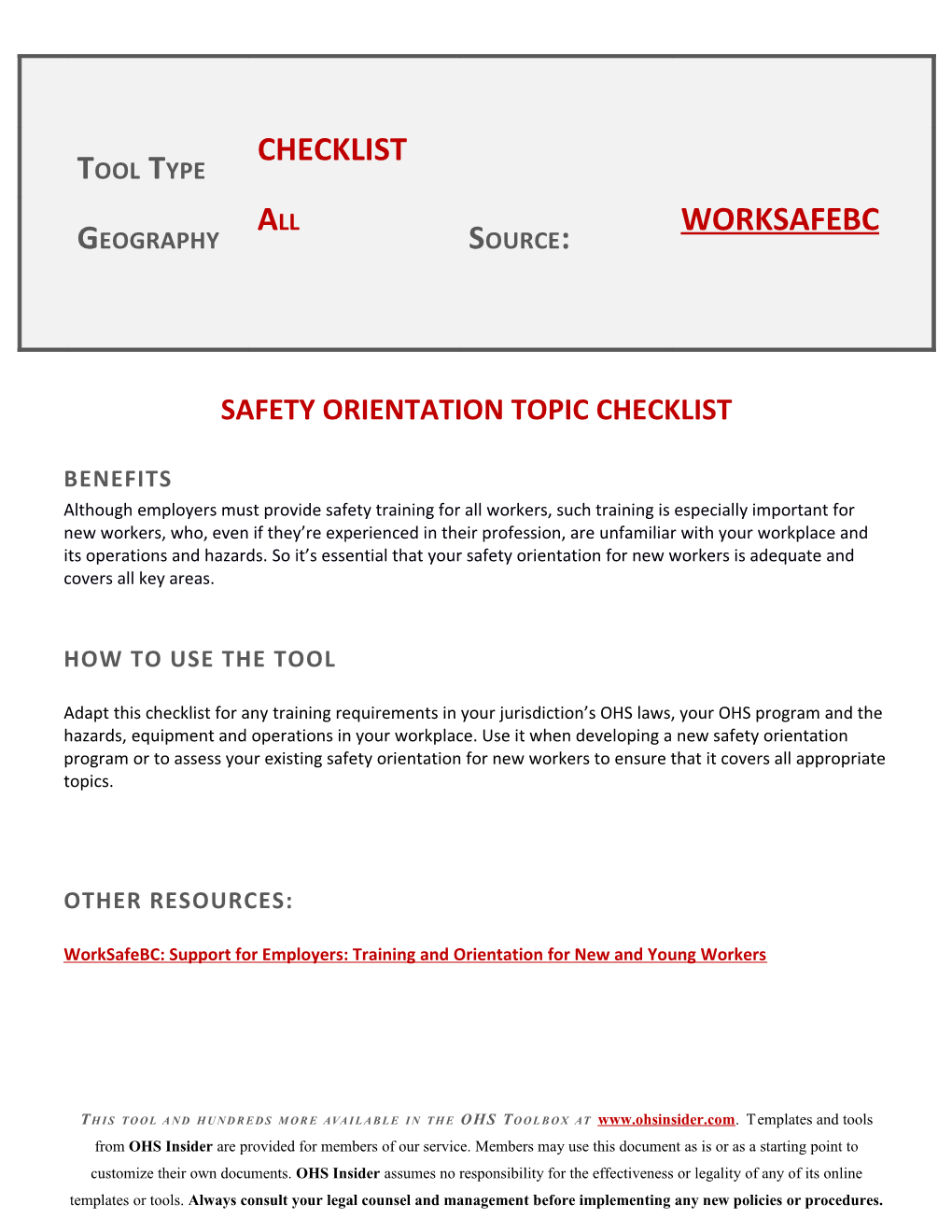 Safety Orientationtopic Checklist