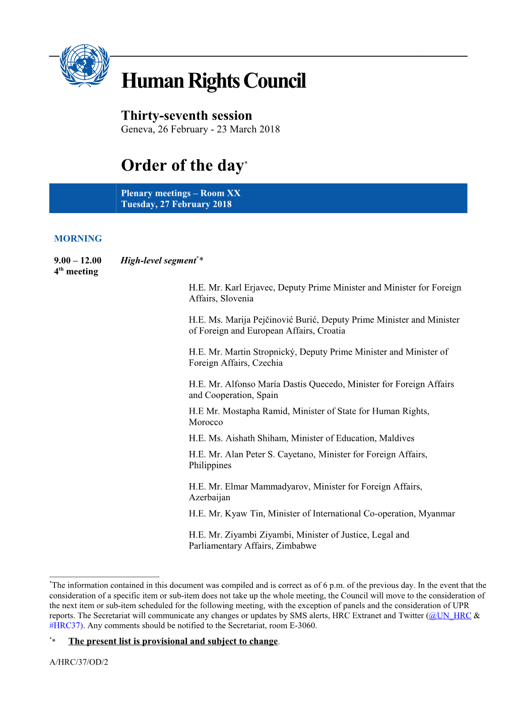 Tuesday, 27 February 2018, Order of the Day in English