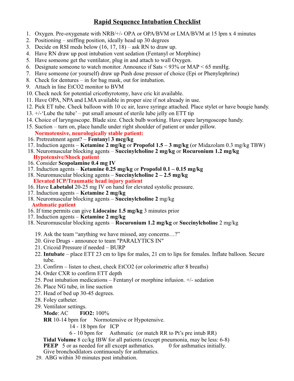 Rapid Sequence Intubation Checklist