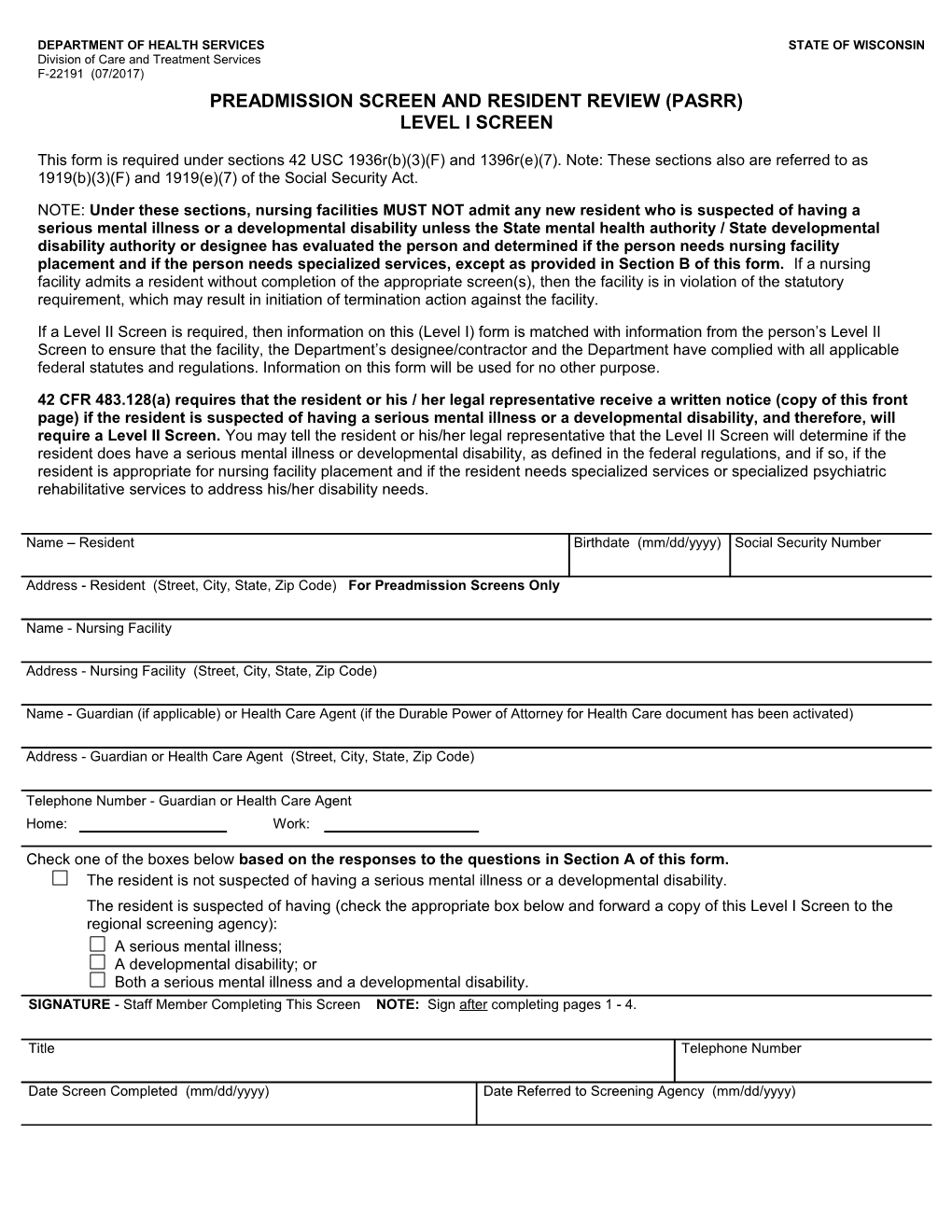 Preadmission Screen and Resident Review (PASARR) Level I Screen, DDE-2191