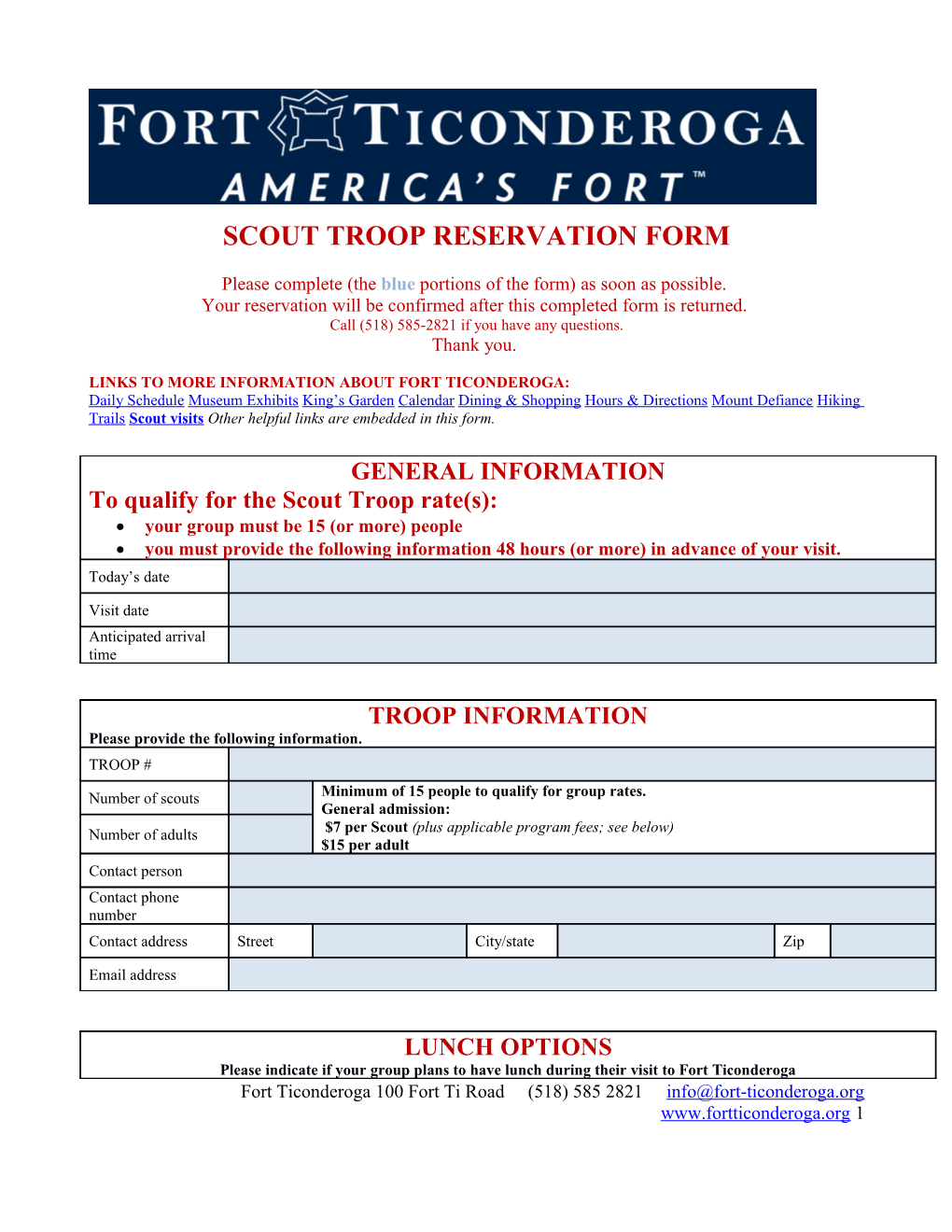 Scout Troop Reservation Form