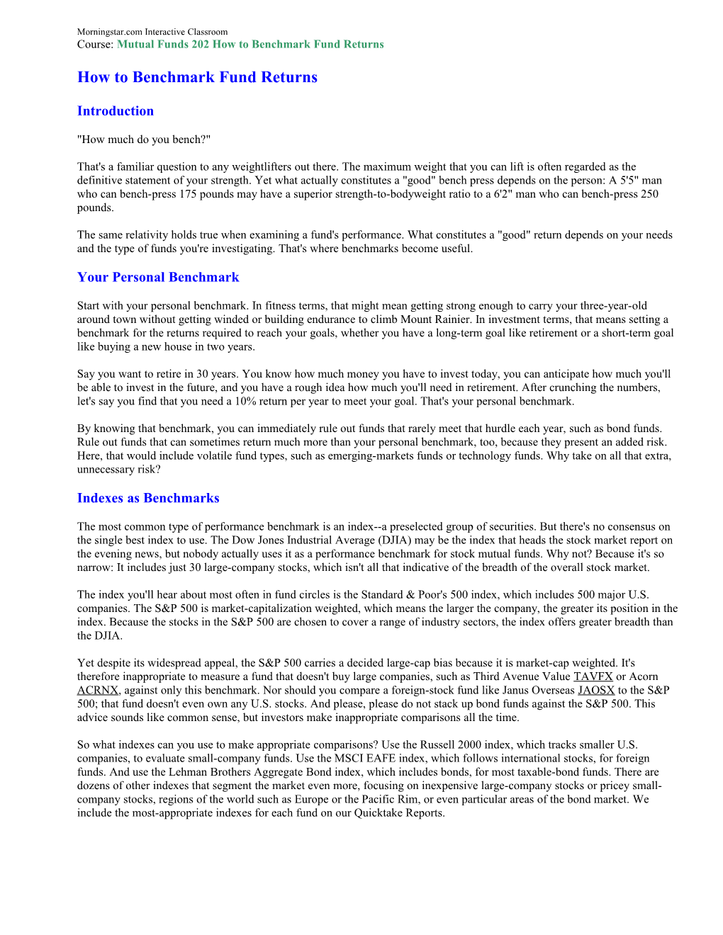 Course: Mutual Funds 202 How to Benchmark Fund Returns