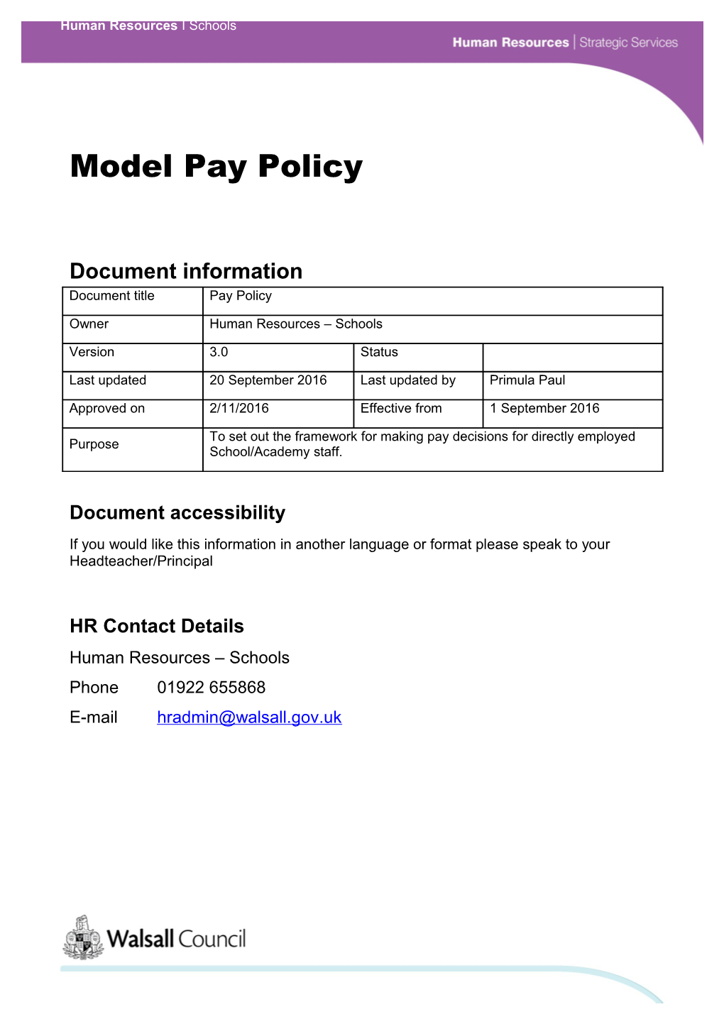Model Pay Policy for Maintained Schools in England