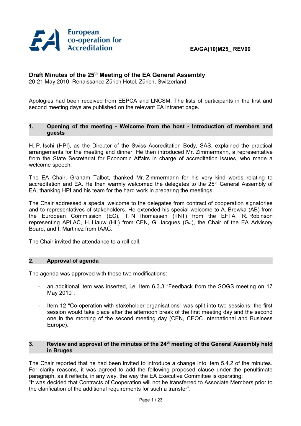 Draft Minutes of the 25Th Meeting of the EA General Assembly