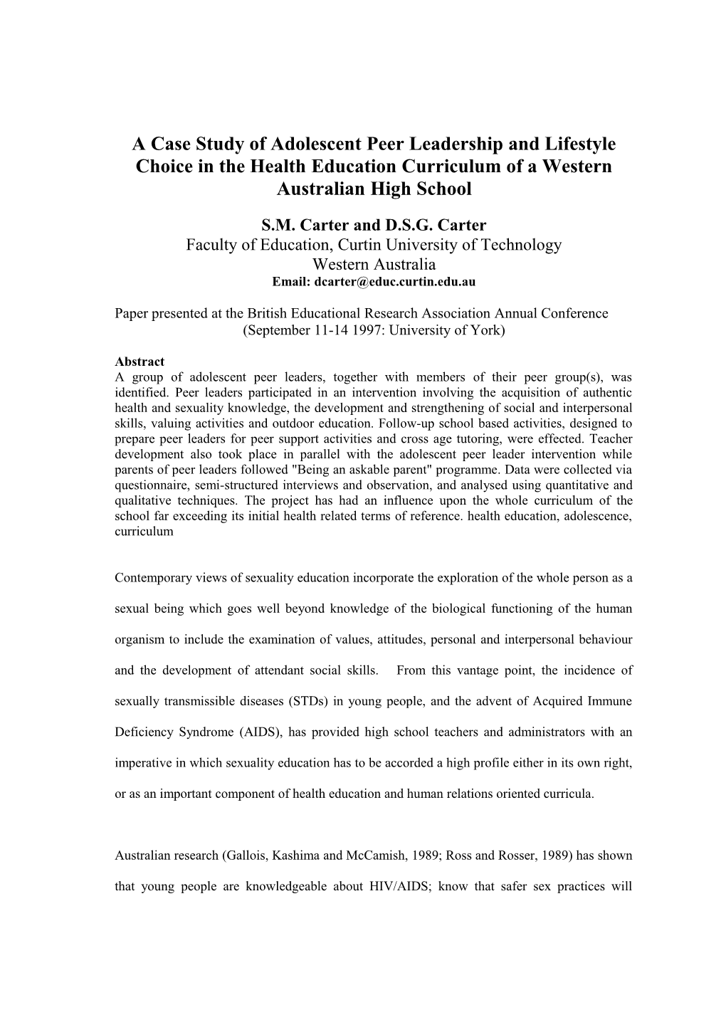 A Case Study of Adolescent Peer Leadership and Lifestyle Choice in the Health Education