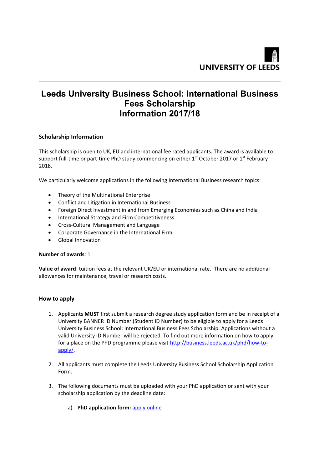 Leeds University Business School: International Businessfees Scholarship