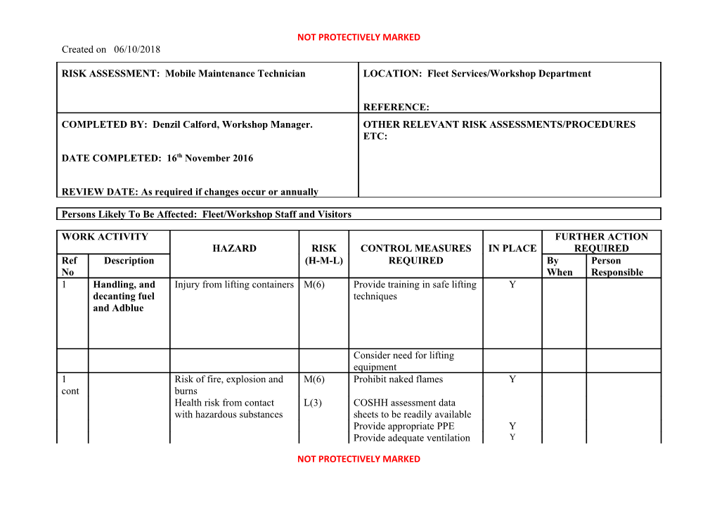 RISK ASSESSMENT: Vehicle Technicians