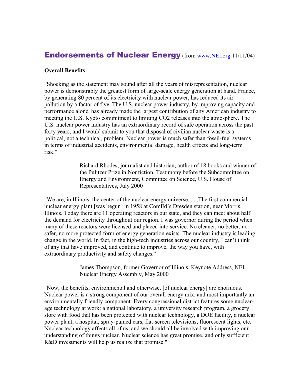 Endorsements of Nuclear Energy (From Www