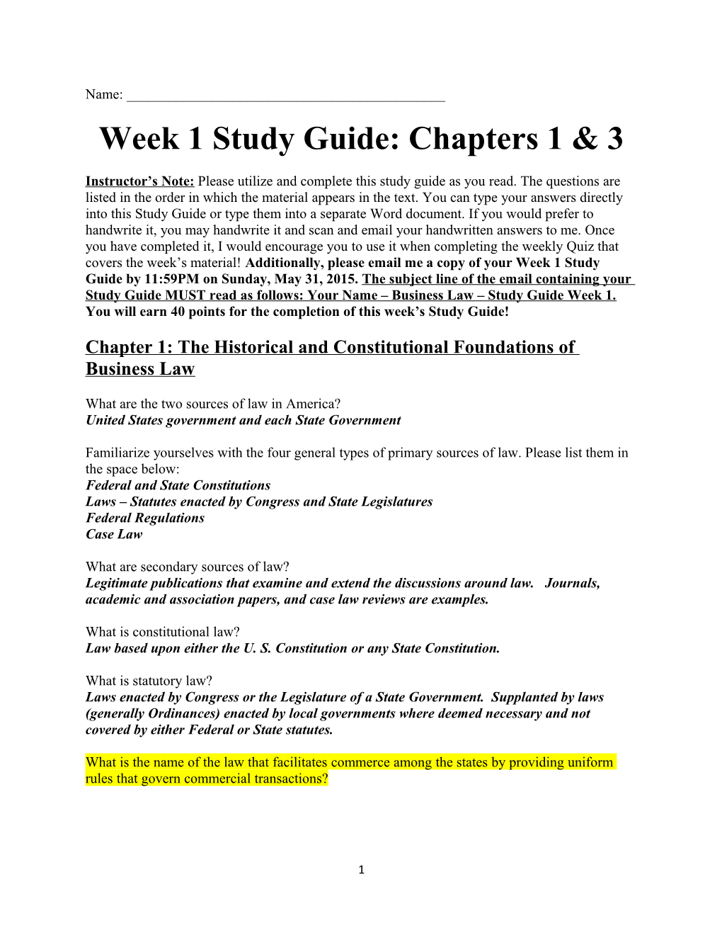 Week 1 Study Guide: Chapters 1 & 3