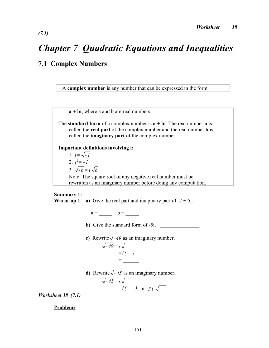 Chapter 7 Quadratic Equations and Inequalities