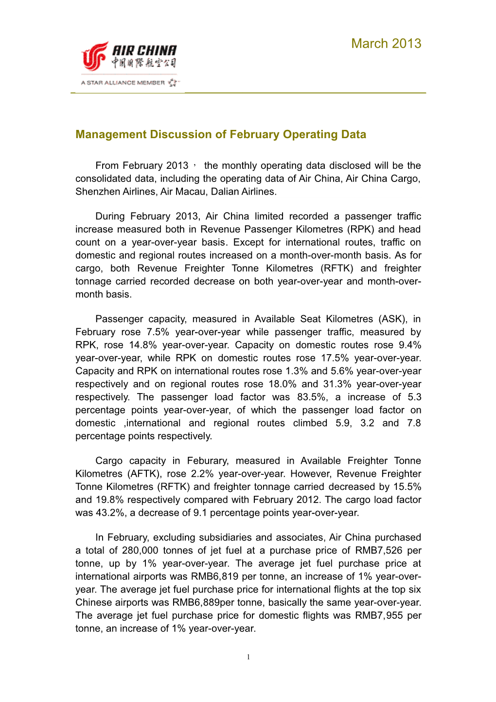 Management Discussion of February Operating Data