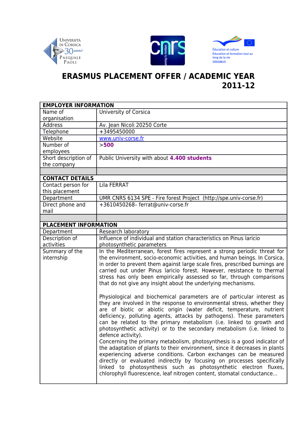 Erasmus Placement Offer / Academic Year 2011-12
