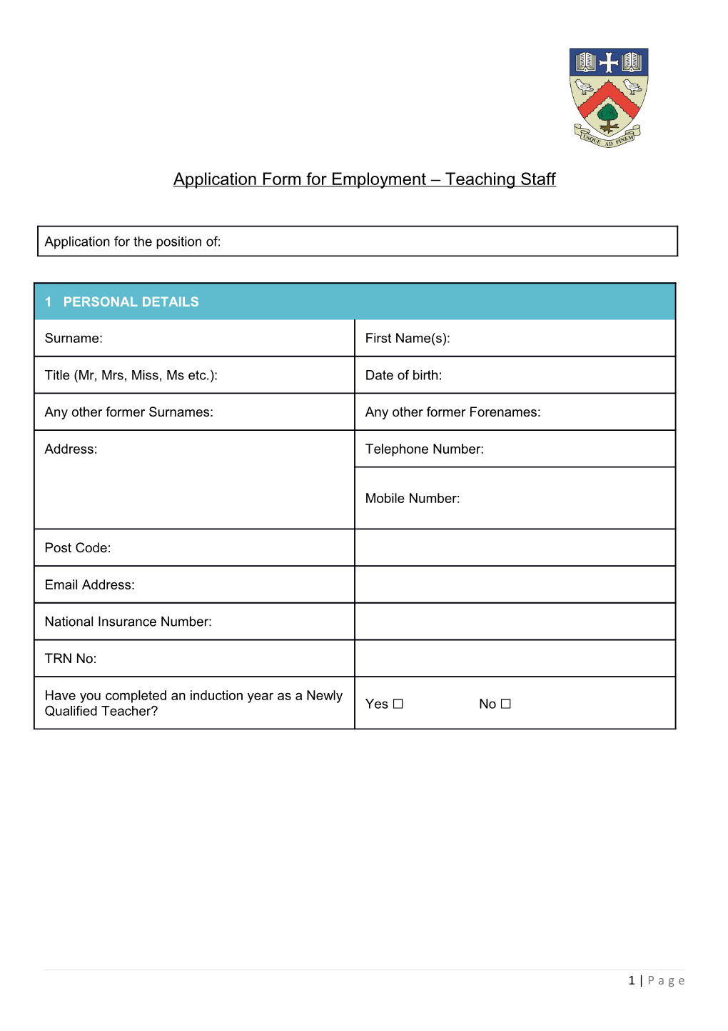 Application Form for Employment Teaching Staff
