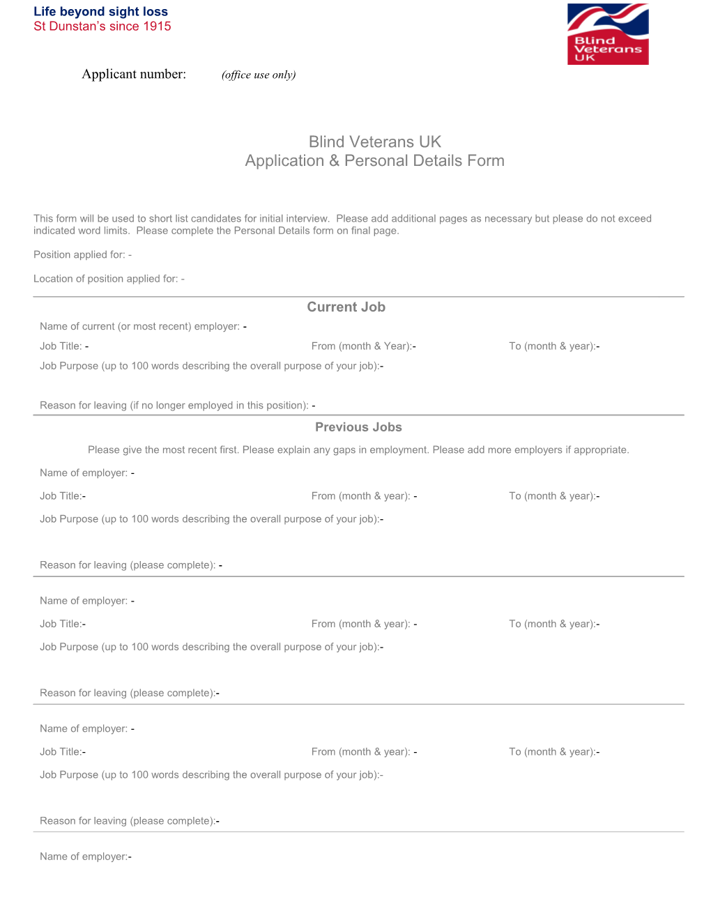 Application & Personal Details Form