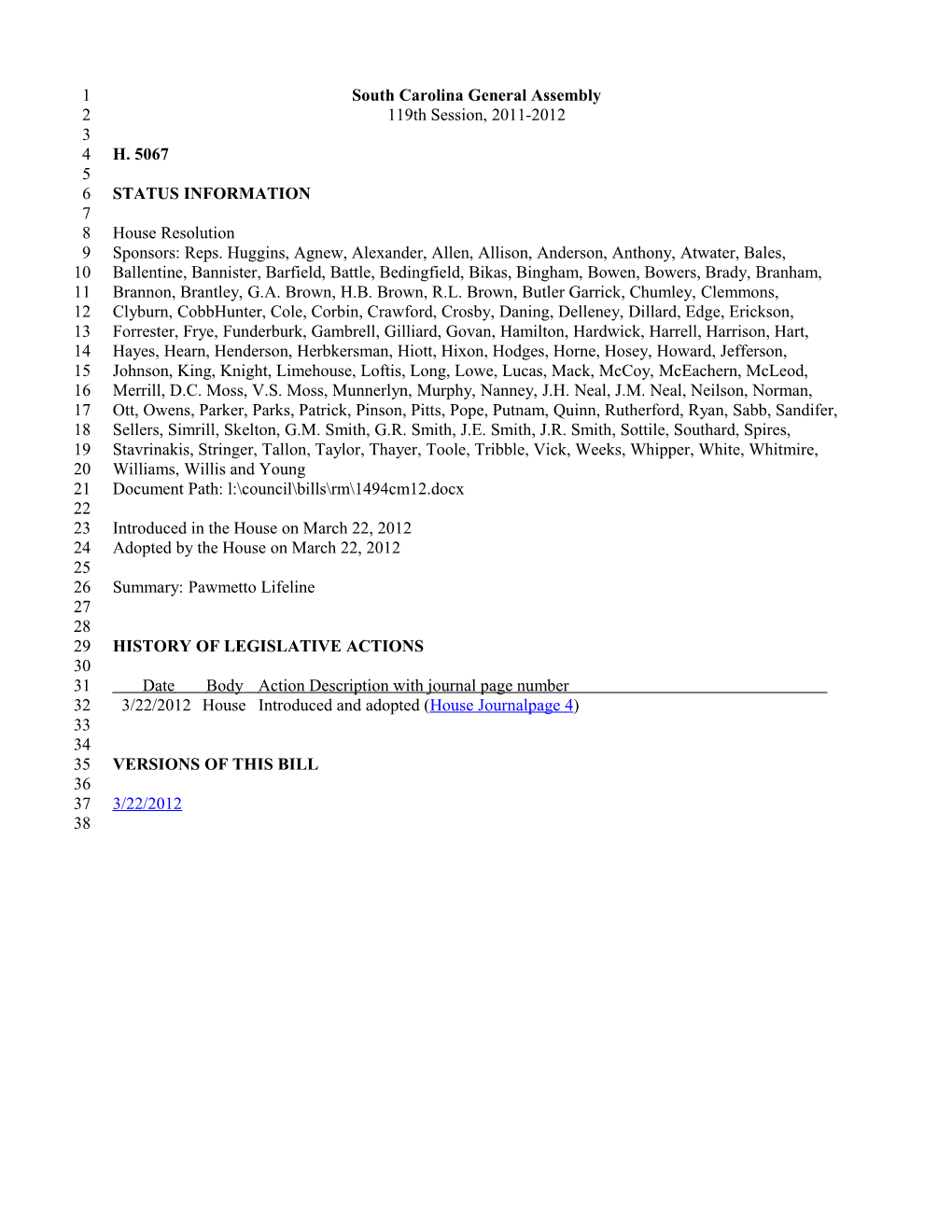 2011-2012 Bill 5067: Pawmetto Lifeline - South Carolina Legislature Online