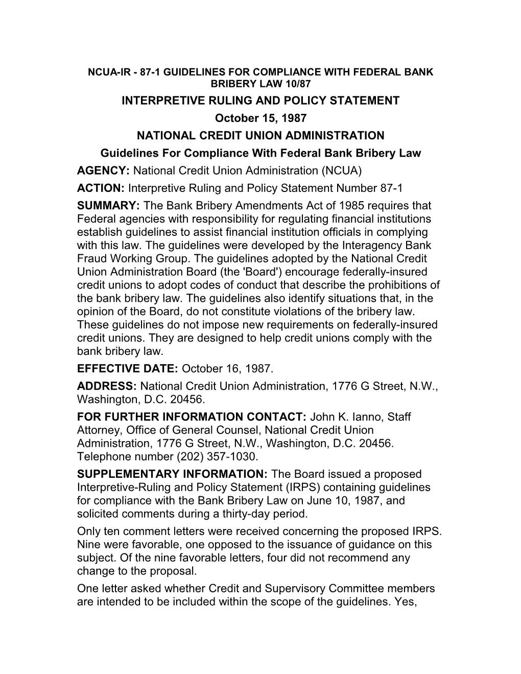 Ncua-Ir - 87-1 Guidelines for Compliance with Federal Bank Bribery Law 10/87