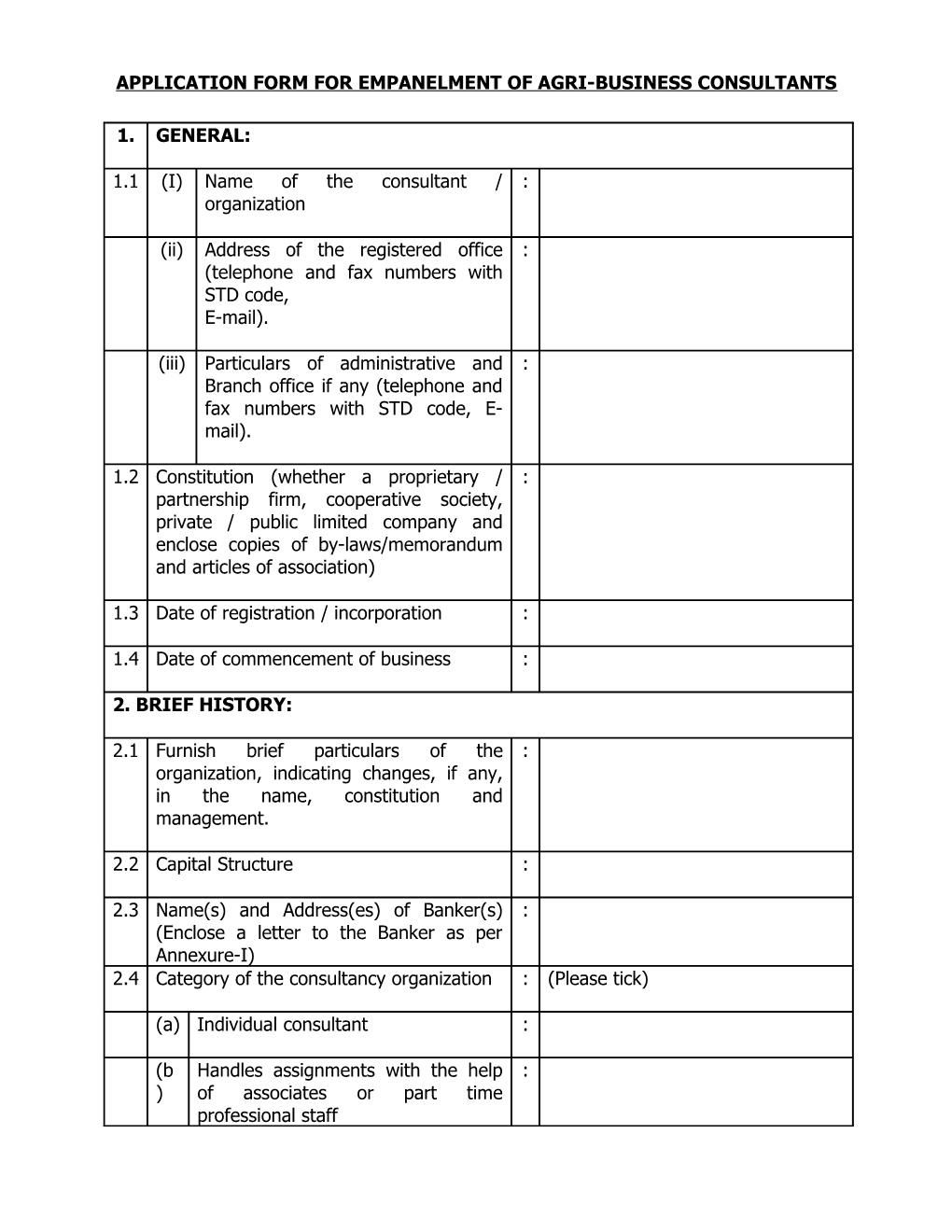 Application Form for Empanelment of Agri-Business Consultants