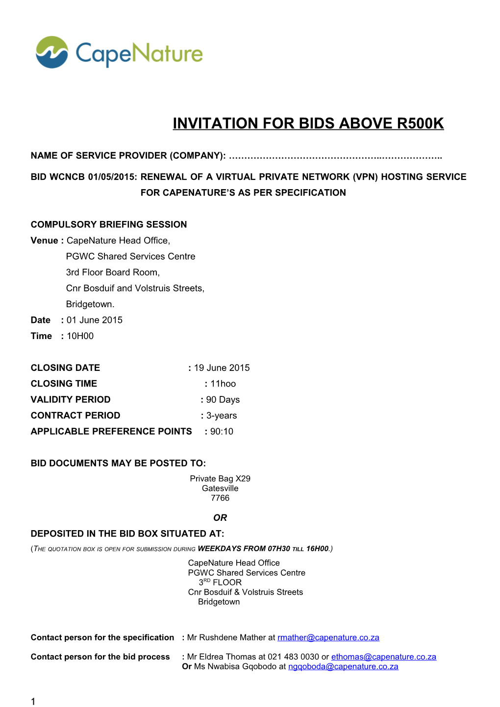 Sqd 1: Invitation for Quotation Above R 30 000