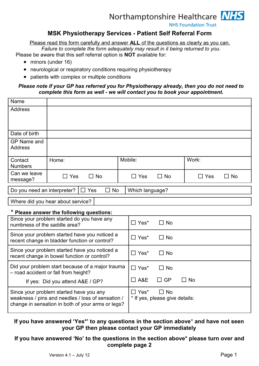 Physiotherapy Services - Patient Self Referral Form