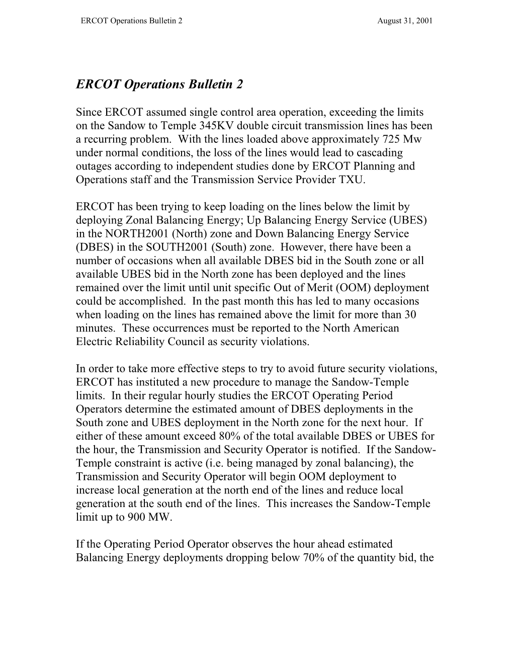 ERCOT Operations Bulletin 2 August 31, 2001