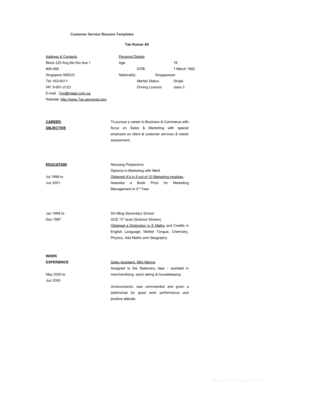Sample & Format of a Resume