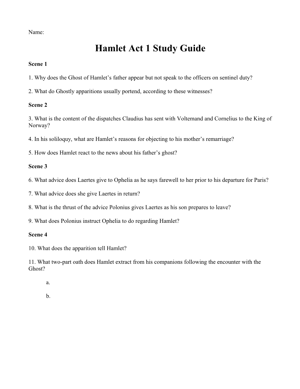 Hamlet Act 1 Study Guide