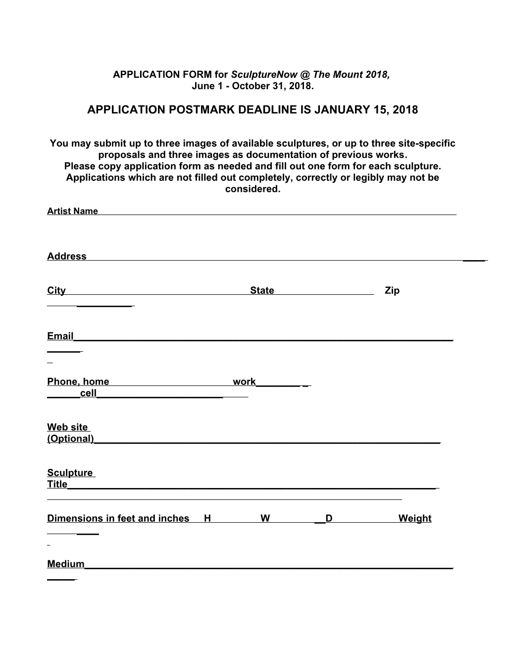 APPLICATION FORM for Sculpturenow the Mount 2018