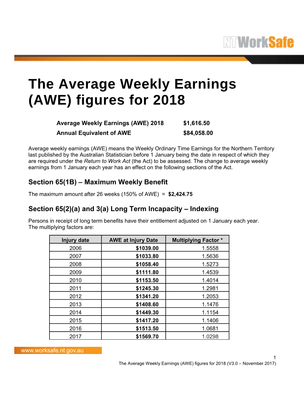 Average Weekly Earnings (AWE) Figures for 2018