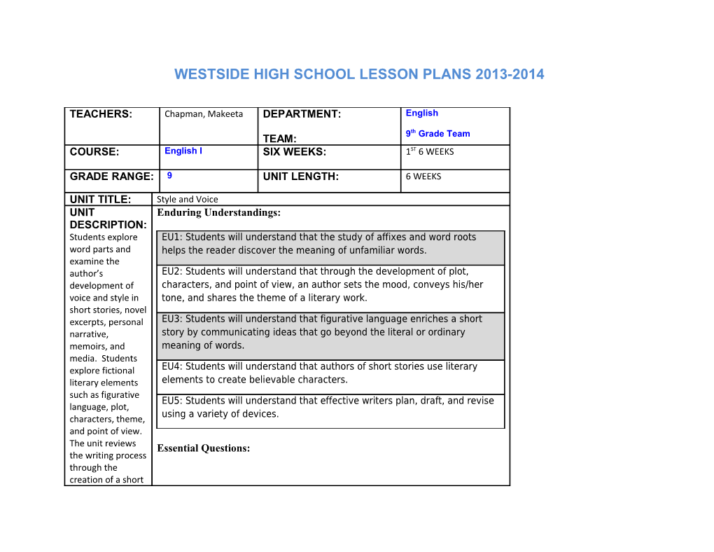 Westside High School Lesson Plans 2013-2014