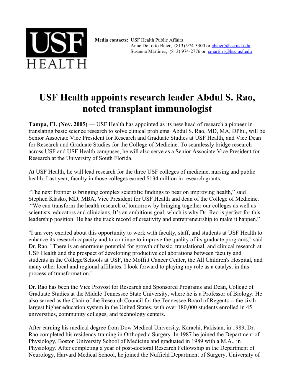 USF Health Appoints Research Leader Abdul S. Rao