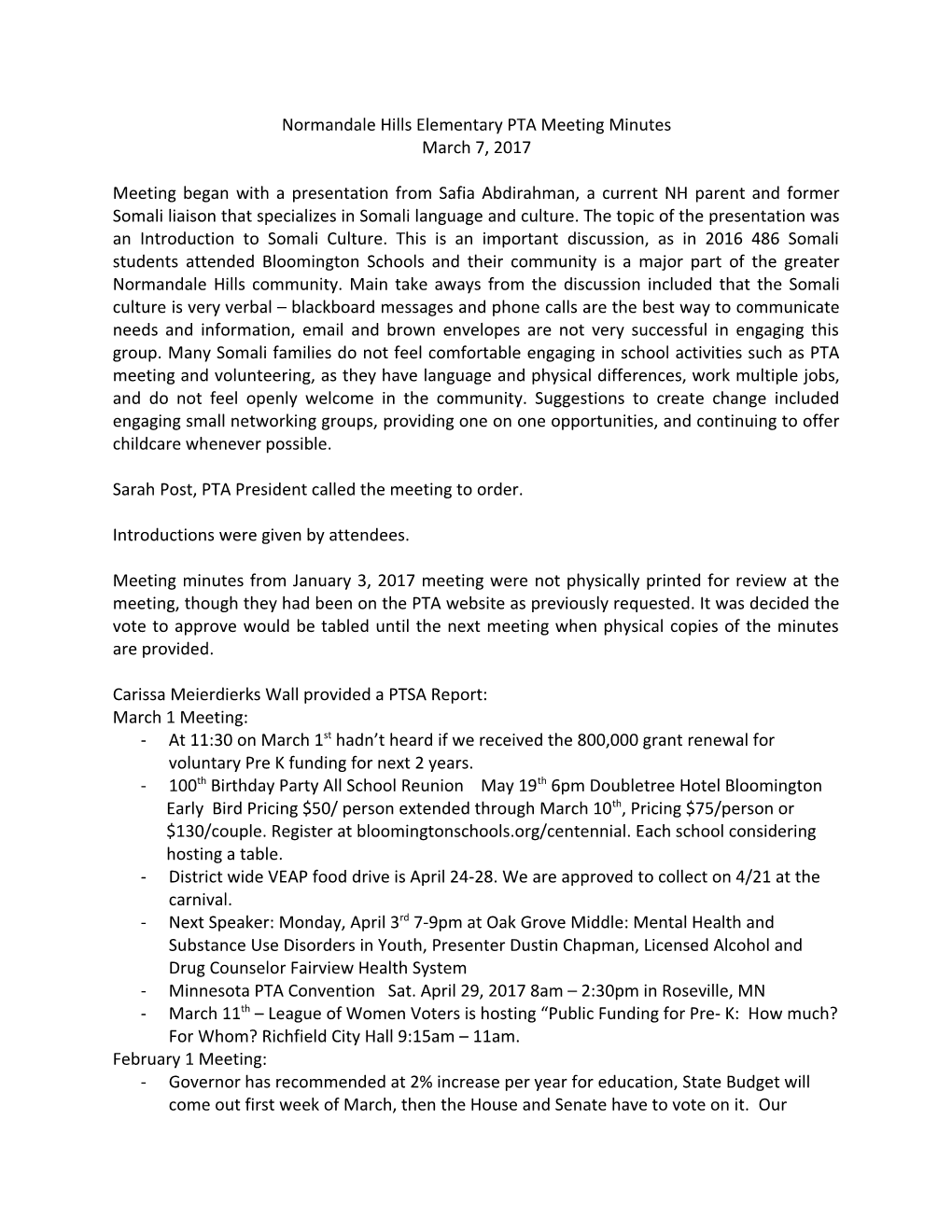 Normandale Hills Elementary PTA Meeting Minutes