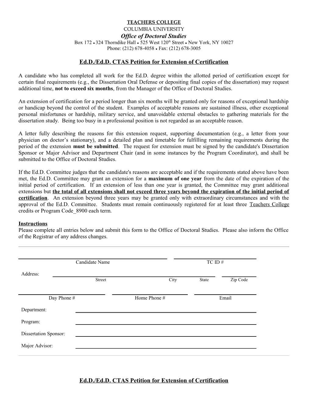 Ed.D./Ed.D. CTAS Petition for Extension of Certification