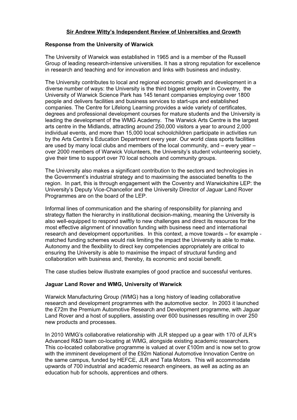 Sir Andrew Witty S Independent Review of Universities and Growth