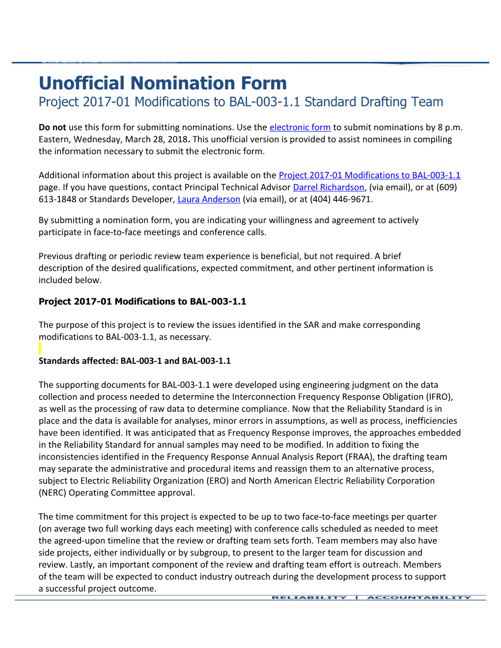Unofficial Nomination Form Project 2017-01 Modifications to BAL-003-1.1 Standard Drafting Team