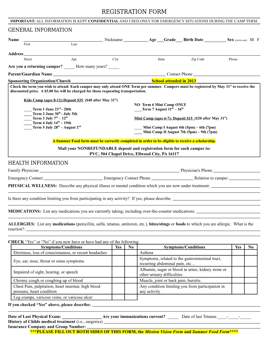 Confidential Registration and Medical Form